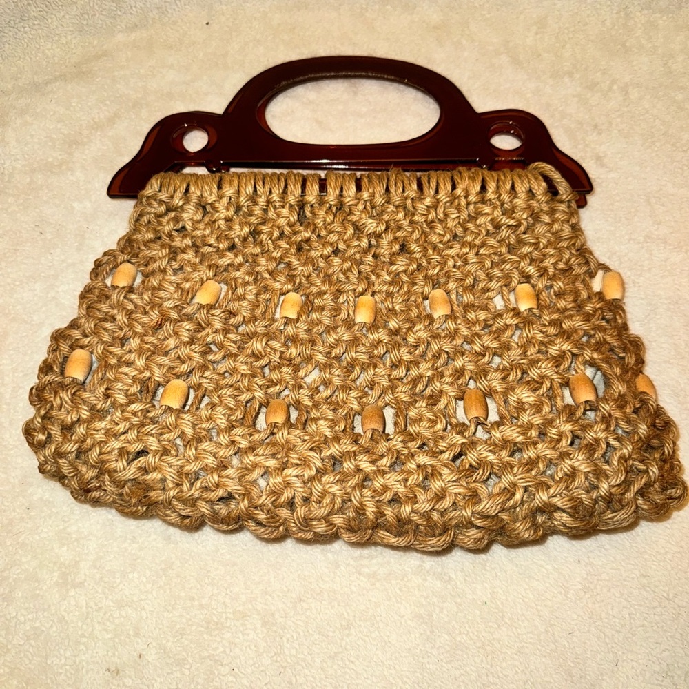 Macrame Purse Handbag Barrel Bead Accents Acrylic Lucite Handles Brown Tan VTG